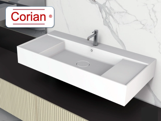Vasque lavabo design rectangulaire, suspendu ou à poser, Couleur blanc mat, Finition lisse, Solid-Surface Corian®, Taille : 100 x 49 x 15 cm - LIVRAISON OFFERTE